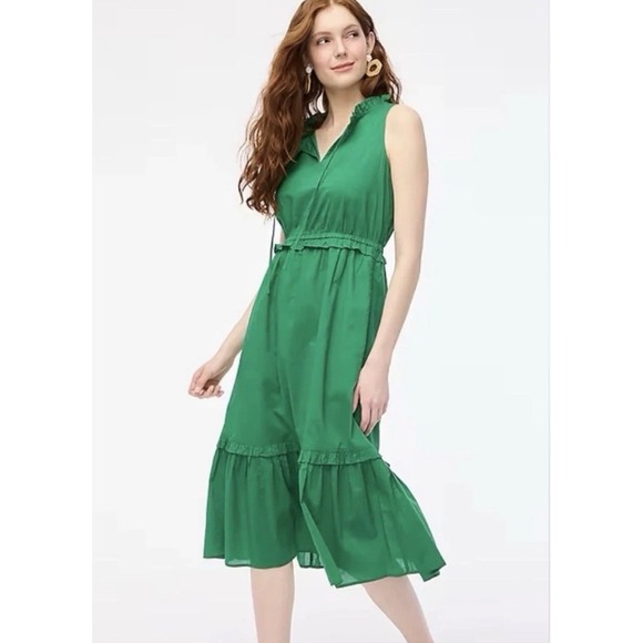 J.CREW Kelly Green Tie-Front Sleeveless Tiered Ladies Midi Dress with Pockets, 6 - Picture 2 of 7